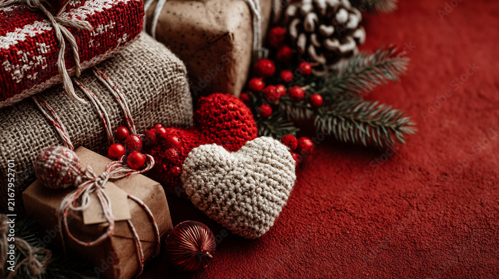 Fototapeta premium Christmas gift boxes wrapped in burlap and red decorations with a crocheted heart