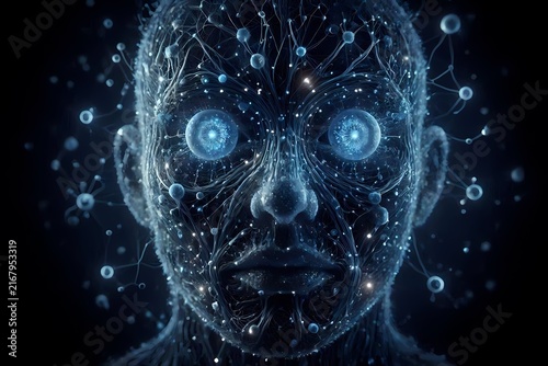 A neurons abstract composition of a network of neurons arranged in the shape of a human face, with the eyes as two large, glowing synapses, Ai generated image