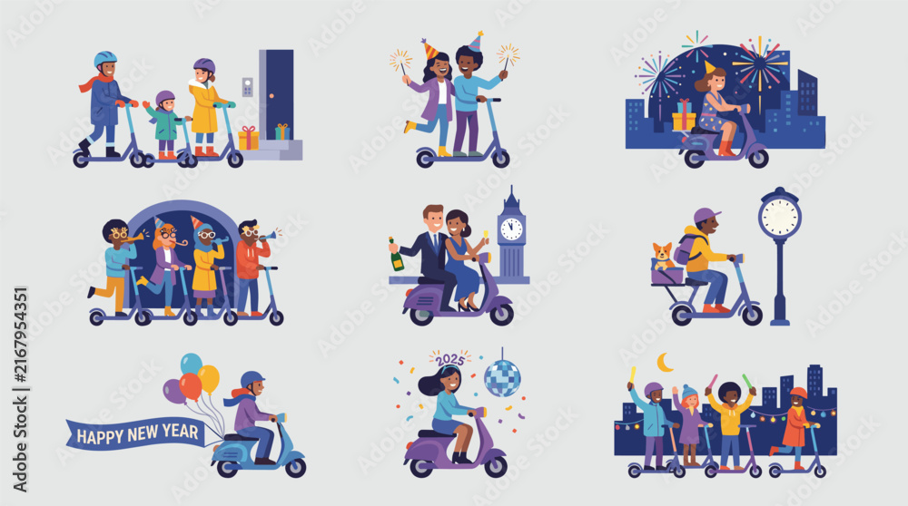 Fototapeta premium Diverse people celebrating new year on scooters with fireworks, gifts, and balloons, flat design illustration
