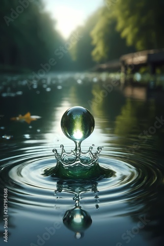 A meditative close-up of a single water droplet falling onto a still pond, captured at the exact moment of impact, creating a perfect crown-shaped splash, Ai generated image