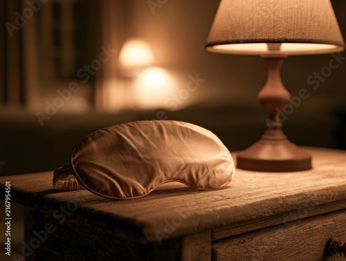Satin sleep mask and lamp on wooden nightstand evening atmosphere