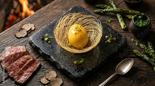 Gourmet Fine Dining Dish with Poached Egg Truffles and Seared Steak on Rustic Wooden Table