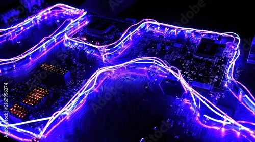 Vibrant Neon Circuit Board Design Element.