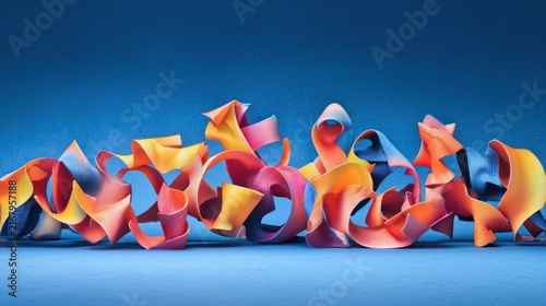 Vibrant Origami Shapes on Blue Background.