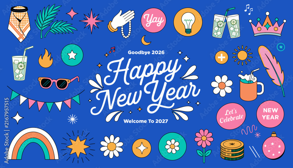 Naklejka premium Happy New Year 2027 colorful celebration icons and symbols