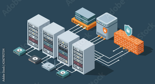 Modern isometric data center with servers and cloud storage.