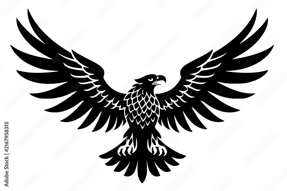 Fototapeta premium Black silhouette of an eagle with wings spread wide and claws extended, bold vector design symbolizing strength, freedom, and power in a stylized graphic illustration.