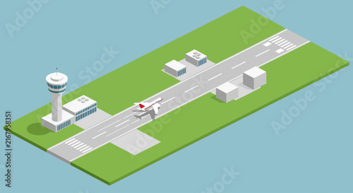 Isometric illustration of an airport runway with airplanes and control tower.