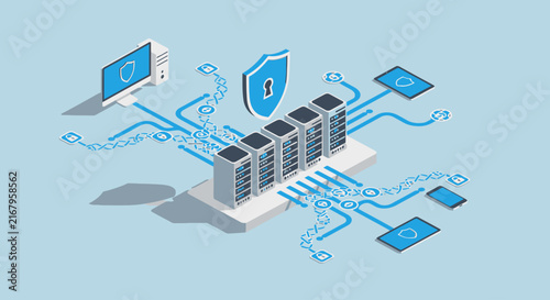 Isometric illustration of secure cloud computing and data storage.