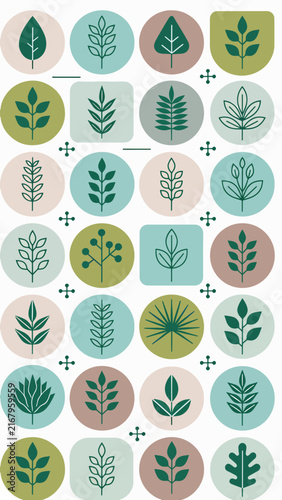 Colorful collection of hand drawn leaf patterns and botanical designs.