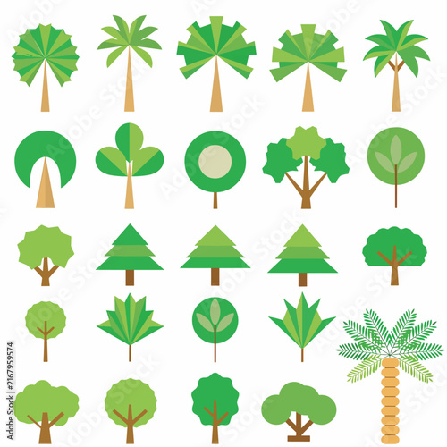 Colorful collection of isolated green tree icons on white background.