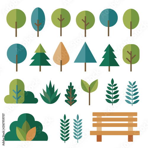 Colorful collection of various leaf and plant icons on white background.