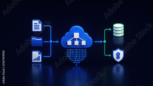 Secure cloud computing architecture handling data processing and storage. 3D cloud network routing digital documents to encrypted server database.