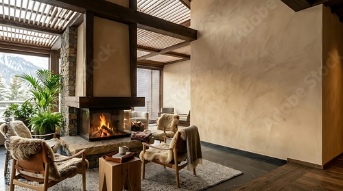 Cozy Modern Alpine Living Room Interior with Warm Fireplace and Wooden Beams