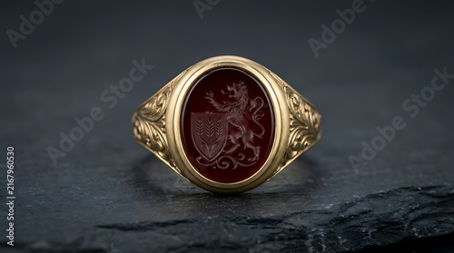 Elegant Gold Signet Ring with Intricately Carved Lion Crest and Dark Stone