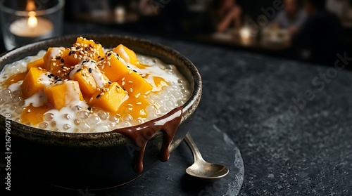 Delicious Mango Tapioca Pudding with Coconut Milk and Chocolate Drizzle in Restaurant Setting