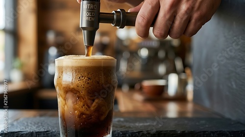 Barista Pouring Fresh Nitro Cold Brew Coffee from Tap into Glass