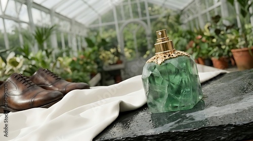 Green Perfume Bottle with Leather Shoes in a Botanical Greenhouse