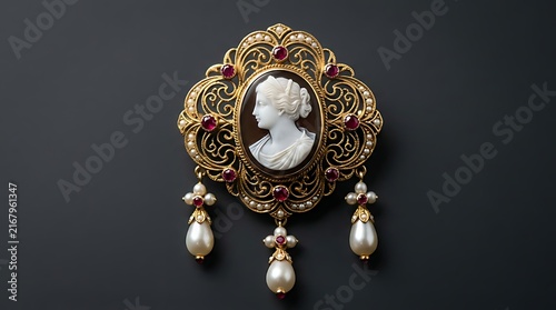 Vintage Gold Cameo Brooch with Pearls and Rubies on Dark Background