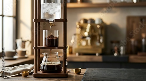 Cold Drip Coffee Maker Brewing Process in Cozy Coffee Shop Kitchen