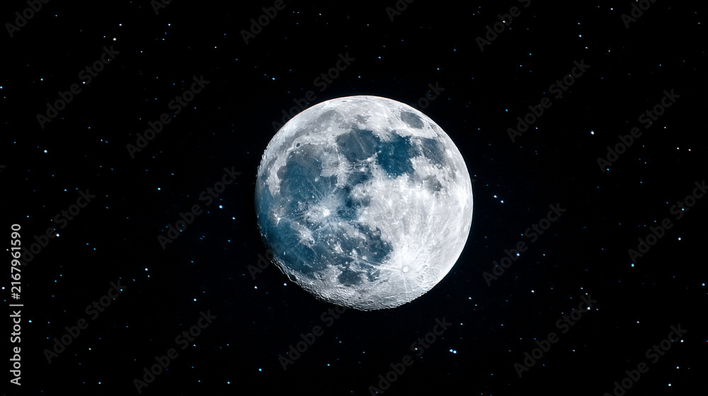 Fototapeta premium Full moon shining brightly in the dark night sky filled with distant stars