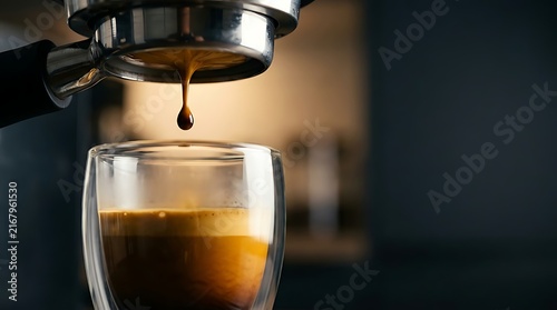 Fresh Espresso Pouring from Coffee Machine into Glass Cup
