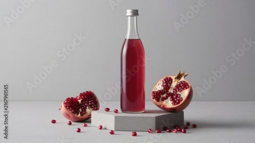 Fresh Pomegranate Juice in Transparent Bottle on Gray Background