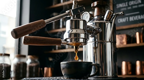 Professional Manual Espresso Machine Extracting Fresh Coffee in a Cozy Cafe