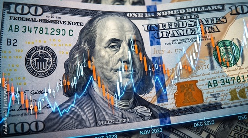 Currency banknotes overlaid with candlestick chart and financial data graphics