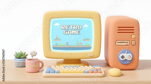 Obraz na płótnie Retro yellow personal computer setup with monitor, keyboard, and tower on a desk