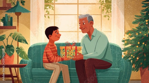 Grandparent and child exchanging holiday gifts at home