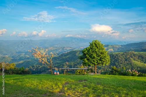Quadro su tela Scenic viewpoint with lush green grass, bench, trees, and mountain landscape under blue sky at Mon Mork Tawan, Phop Phra, Tak, Thailand