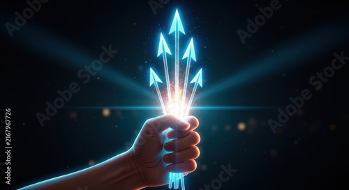 Hand holding glowing blue light bulb with energy rays human