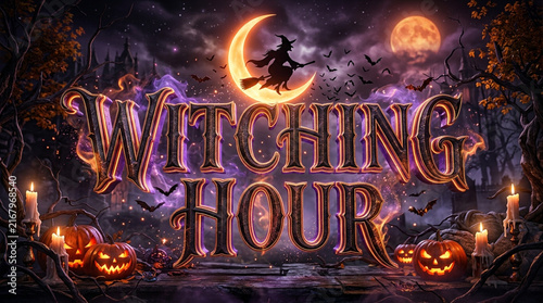 Witching Hour Halloween Banner with Flying Witch Silhouette and Crescent Moon