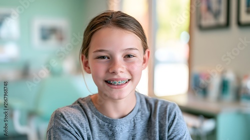 Smiling Young Girl With Braces Sitting Indoors, Happy Preteen Portrait in Bright Modern Dental Clinic, Healthy Teeth, Orthodontic Treatment, Confidence and Children’s Dental Care Concept