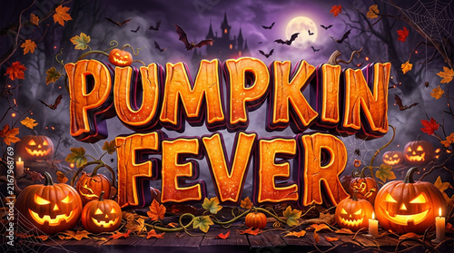 Pumpkin Fever Halloween Banner with 3D Woody Lettering and Glowing Jack-o'-Lanterns