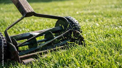 Close-up of a vintage reel mower cutting lush green grass, with clippings flying.