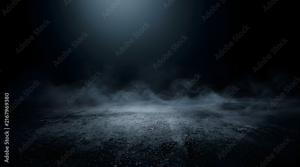 Naklejka premium Dark asphalt road surface with low lying fog and dramatic moody lighting, perfect for product placement or background composition