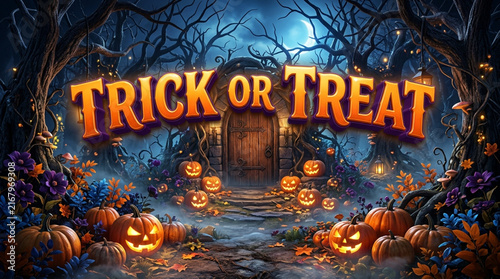Gothic Halloween Trick or Treat Poster with Mysterious Wooden Portal, Spooky Trees, and Full Moon
