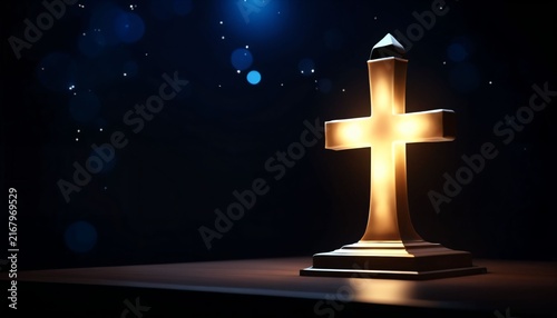 Minimal glowing cross on dark memorial pedestal