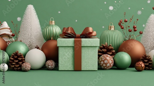 Green background with holiday gift box and seasonal decorations, 3D rendering