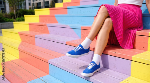 Woman in Pink Pleated Skirt and Blue Sneakers on Colorful Steps