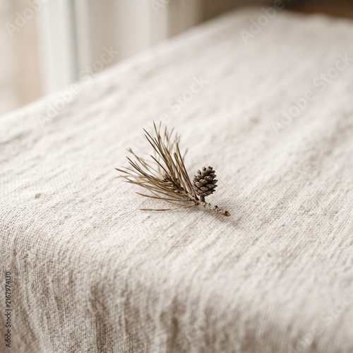 Small dried pine twig with cone resting on neutral textured linen fabric tablecloth, minimal aesthetic rustic home decor.