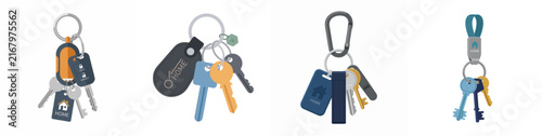 Flat vector illustration of various keychains with house and car keys