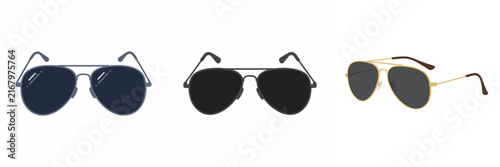Set of three aviator style sunglasses icons isolated on white background