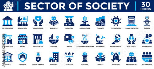 Sector of society solid icon set. Contains icons for industry, finance, technology, culture, infrastructure, education, energy, housing, agriculture, environment, transportation, and tourism.