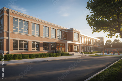 Modern brick school building with playground and asphalt driveway