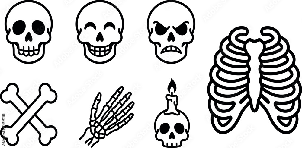 Fototapeta premium Set of hand drawn black and white vector illustrations featuring human skulls bones rib cage and a spooky candle