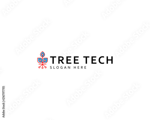 Vector template of technology tree logo, leaf, circuit, tech, electric current
