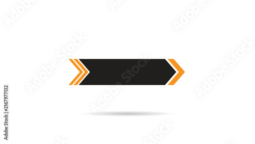 A sleek, black vector ribbon banner with distinct orange chevron elements at both ends isolated on a white background with a soft drop shadow